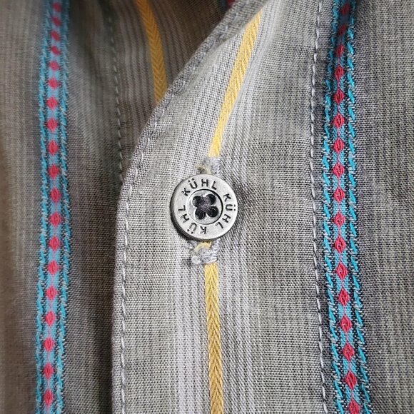 Kuhl Shirt Mens Medium Gray Blue Yellow Striped Short Sleeve Button Up Outdoor - Picture 3 of 13